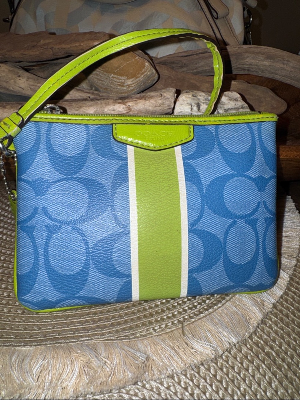 Coach Blue Signature Canvas Wristlet with Lime Stripe - Picture 4 of 7